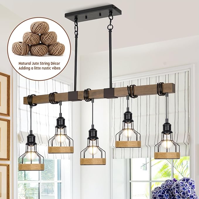 5-Light Dining Room Light Fixture, Rustic Solid Wood Over Table Chandelier, Black Metal Lampshade, Linear Island Light Fixture, 38 Inches x 5.5 Inches x 63 Inches