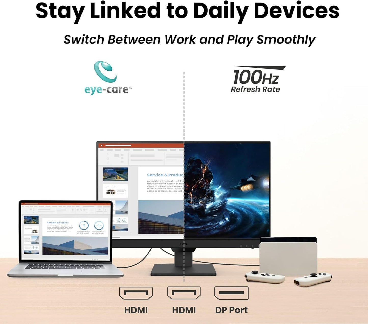 BenQ GW2490 24" Computer Monitor 100Hz FHD 1920x1080p IPS Eye-Care Tech VESA Mount Thin Bezel Low Blue Light Adaptive Brightness Wall Mount Built-in Speakers DisplayPort HDMI Port2