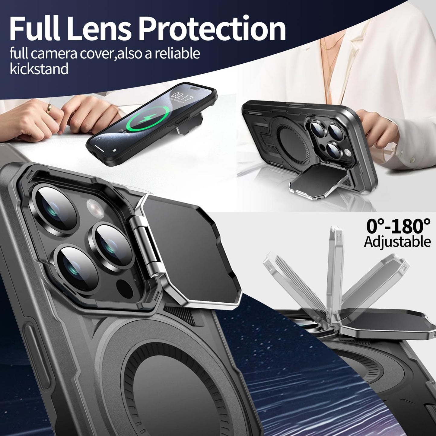 Camera Stand Case for iPhone 15 Pro Max, [Compatible with MagSafe] [Lens Cover] 2024 Version Military Grade Protective Soft Case for iPhone 15 Pro Max 6.7 inch Men Women, Black