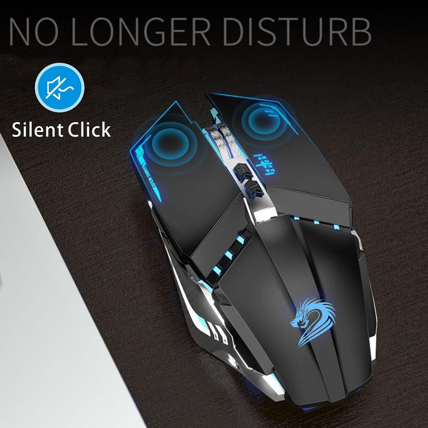 TENMOS T12 Wireless Gaming Mouse Rechargeable, 2.4G Silent Optical Wireless Computer Mice with Changeable LED Light for Laptop PC, 7 Buttons (Black)