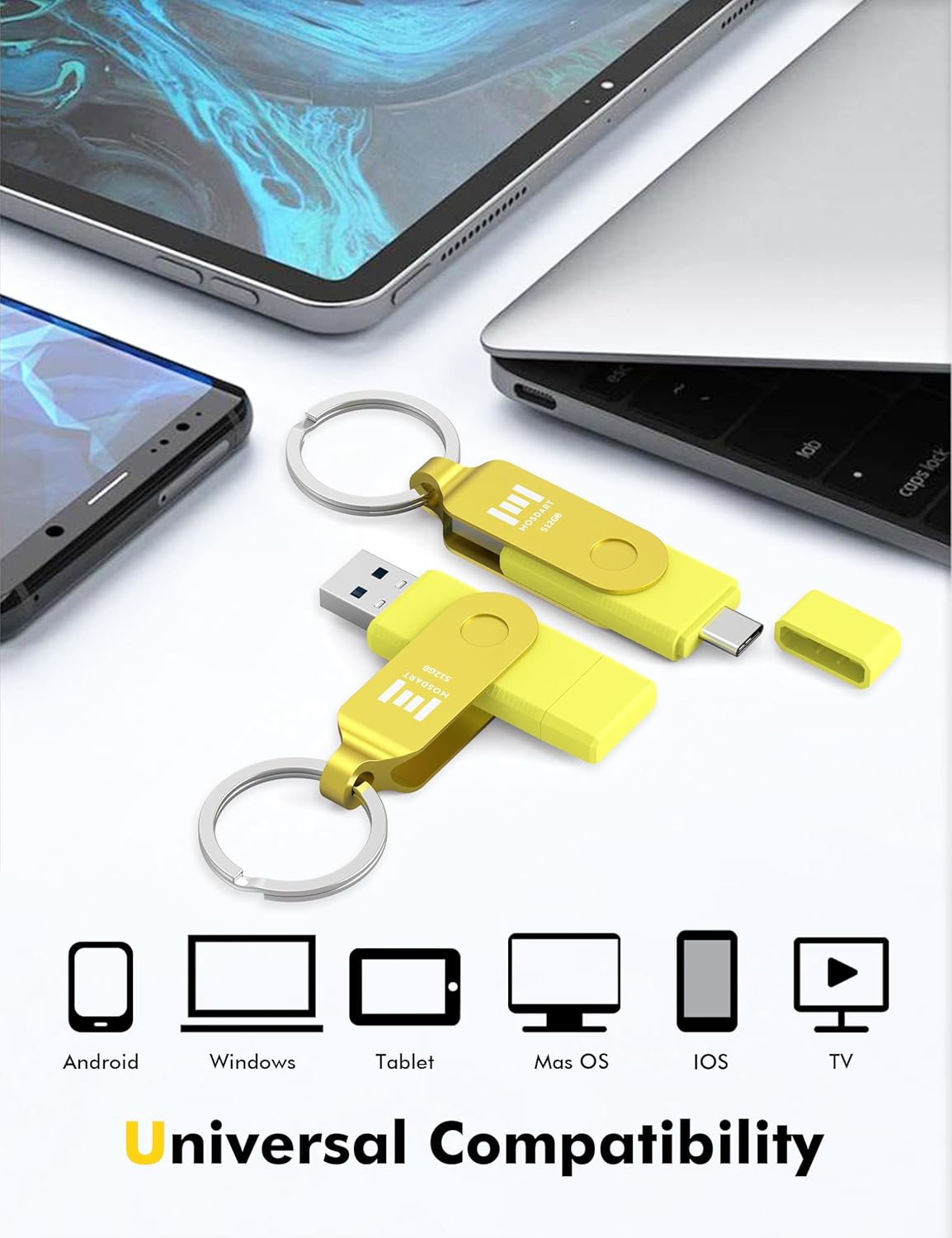 MOSDART 512GB USB3.1 Fast Speed C and A Dual Flash Drive, exFAT Memory Stick with Keychain and LED Indicator, for iPhone 15 and 16, Android Phone, iPad, MacBook, and Other Laptops,Yellow