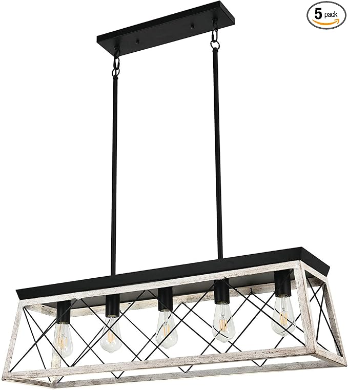 Luupyia Farmhouse Rectangular Chandelier Rustic, 5-Lights Kitchen Island Lighting, Linear Island Light Fixture Farmhouse Pendant Lighting Fixtures for Dining Room Pool Table Beige