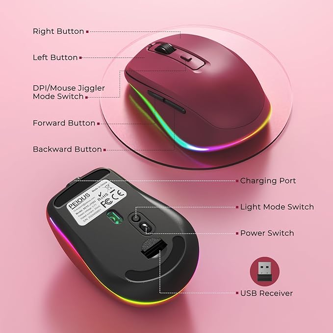 PEIOUS Wireless Mouse Jiggler - LED Wireless Mice with Build-in Mouse Mover, Rechargeable Moving Mouse for Laptop with Undetectable Random Movement Keeps Computers Awake - Red
