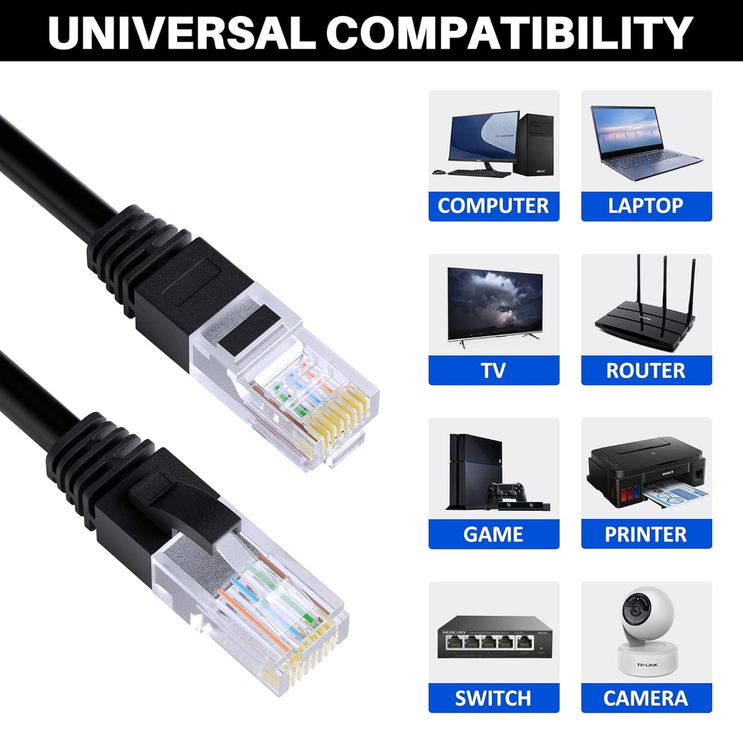 Cat5e Ethernet Cable 35 FT, Long Cat 5e Internet Cable, Black Snagless Patch Cord, Flexible, Network, LAN, PoE, Standard RJ45 Connector for PC, Server, Router, Modem, TV, PS5 - with 15 Cable Ties