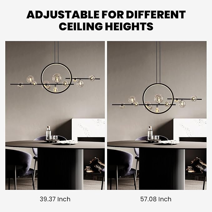 CROSSIO Modern Black LED Pendant Light, 10-Light Kitchen Island Chandelier with Glass Globe Shades, Adjustable Linear Light Fixture for Dining Room and Living Room