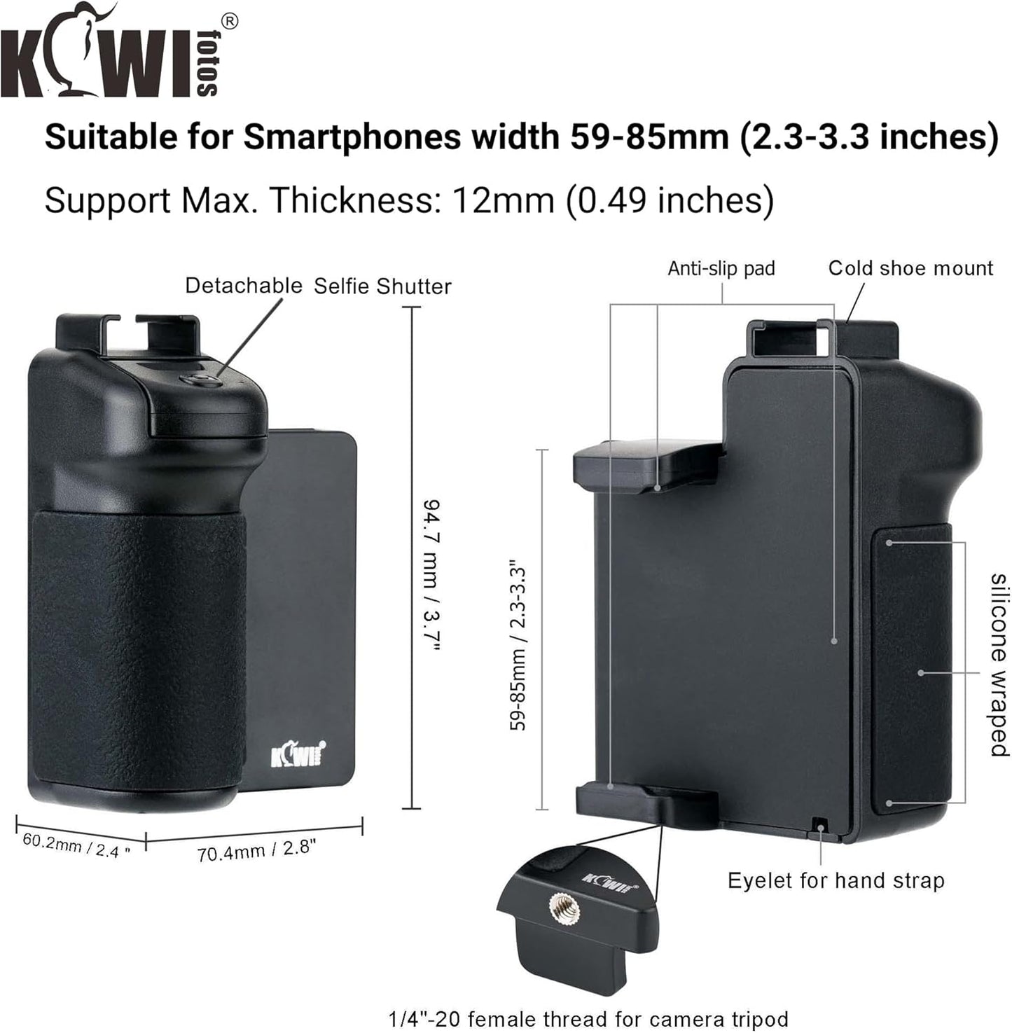 KIWIFOTOS Phone Camera Grip Handle Holder Phone Tripod Mount with Detachable Remote Shutter & Cold Shoe Adapter for iPhone 14 15 16 Pro Max Samsung Smartphone Selfie Vlog Video Shooting, Black