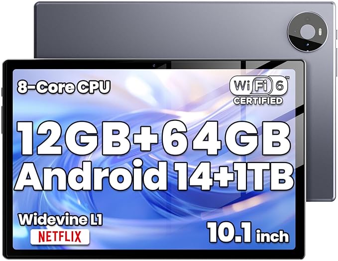 Tablet, Octa-core CPU, 1 Years Protection,12GB+64GB (Up to 1TB), 10.1 inch Android 14 Tablet, 800x1280 Resolution, WiFi 6 & Bluetooth 5, Dual Speakers