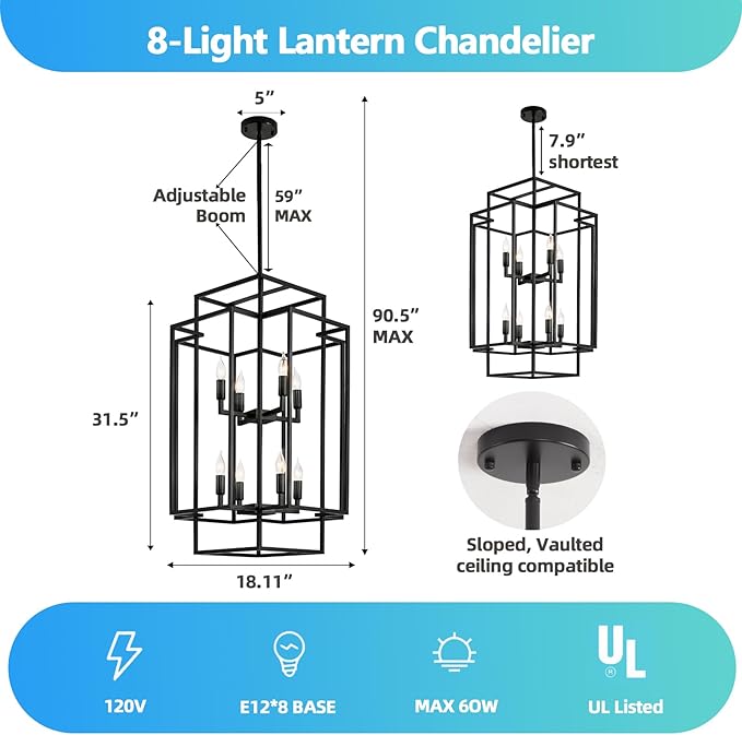 WJShome Modern Black Chandelier, 31.5" Large Chandeliers for High Ceilings, 8-Light Tiered Lantern Pendant Light, Farmhouse Foyer Lighting Fixtures, for Living Room, Staircase, Entryway