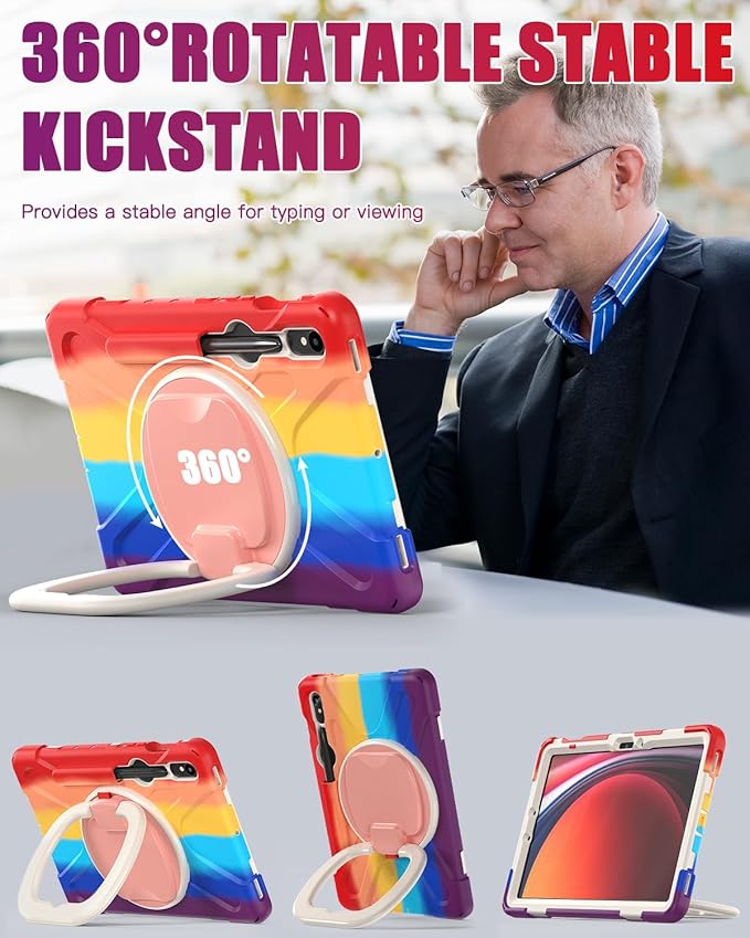 BRAECN Rugged Case for Samsung Galaxy Tab S10 Lite/S10 FE 2025 & S9 FE/S9/S8/S7 10.9"/11" | Protective Silicone Cover with 360°Swivel Handle/Kickstand, Shoulder Strap & S Pen Holder, Colorful Red