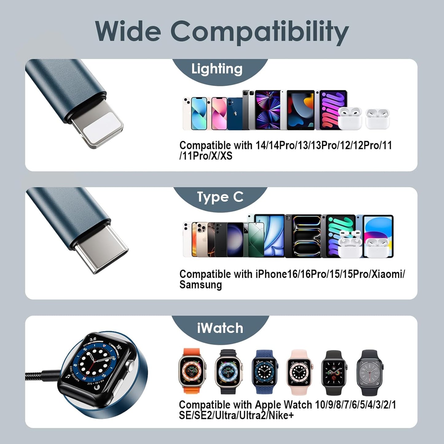 2Pack 4FT Upgraded 3 in 2 Multi Charging Cable for Apple Watch Charger Travel Essentials iWatch Charger Fast Charging Compatible with iWatch Ultra/SE/10/9/8/7/6/5/4/3/2/1,iPhone16/15/14/13/Galaxy S24