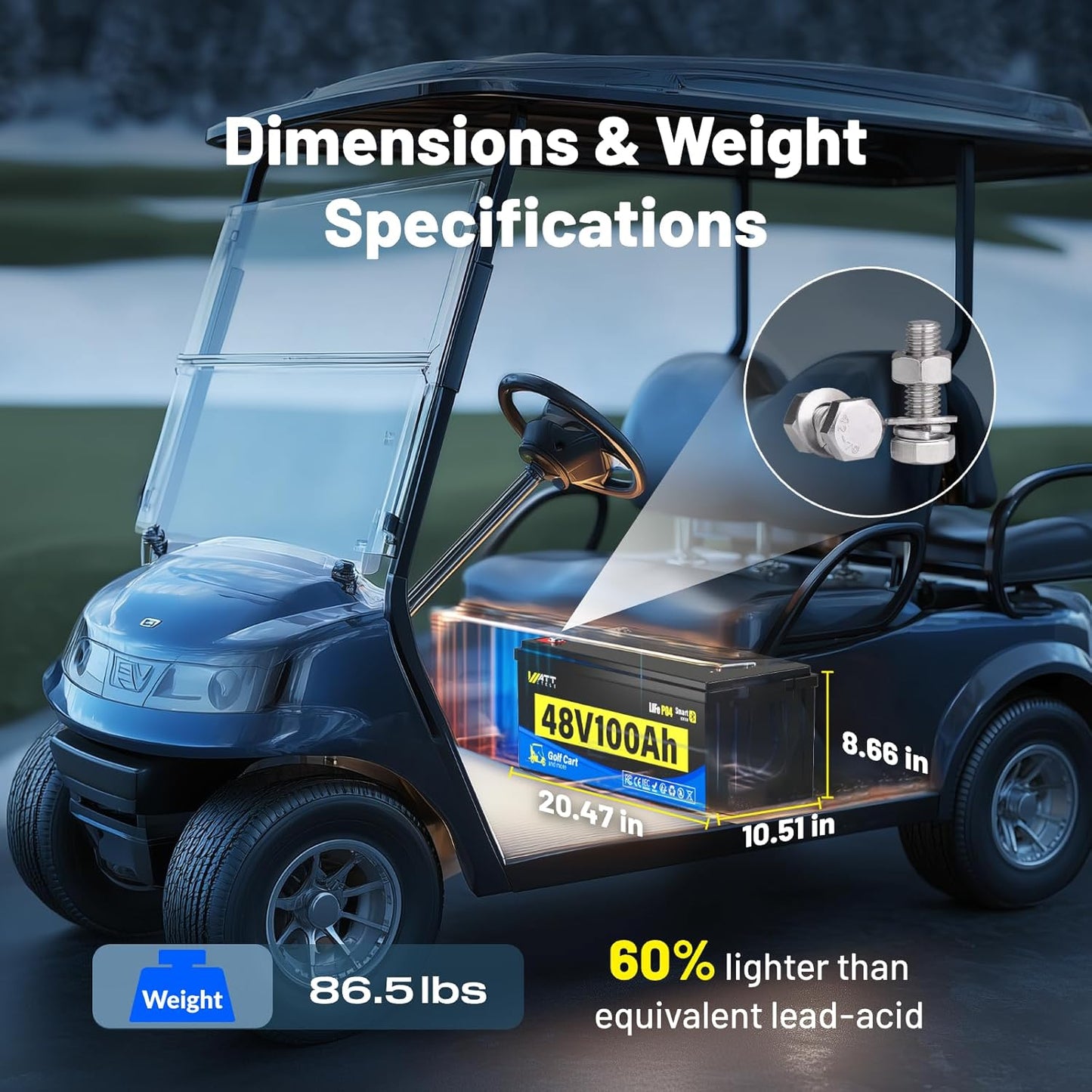 48V 100Ah Lithium Battery for Golf Cart, Built-in Bluetooth & 200A BMS & Mobile Monitor, 48Volt 15000+ Deep Cycles LiFePO4 Lithium Batterys, Range of 60 Miles 600A Peak Current for Golf Cart