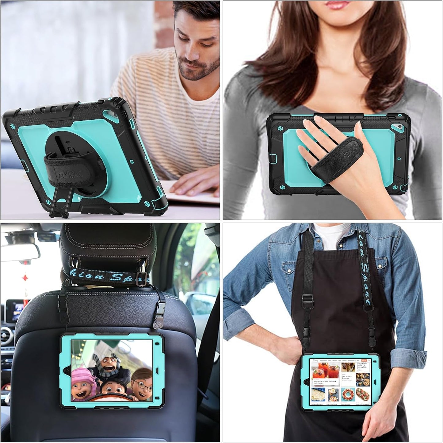SEYMAC stock Case for iPad 6th / 5th Generation Case/Air 2 / Pro 9.7 inch, Heavy Duty Protective with Screen Protector, with Pencil Holder, Hand Strap, Shoulder Strap, 360 Rotate Stand, SkyBlue+Black