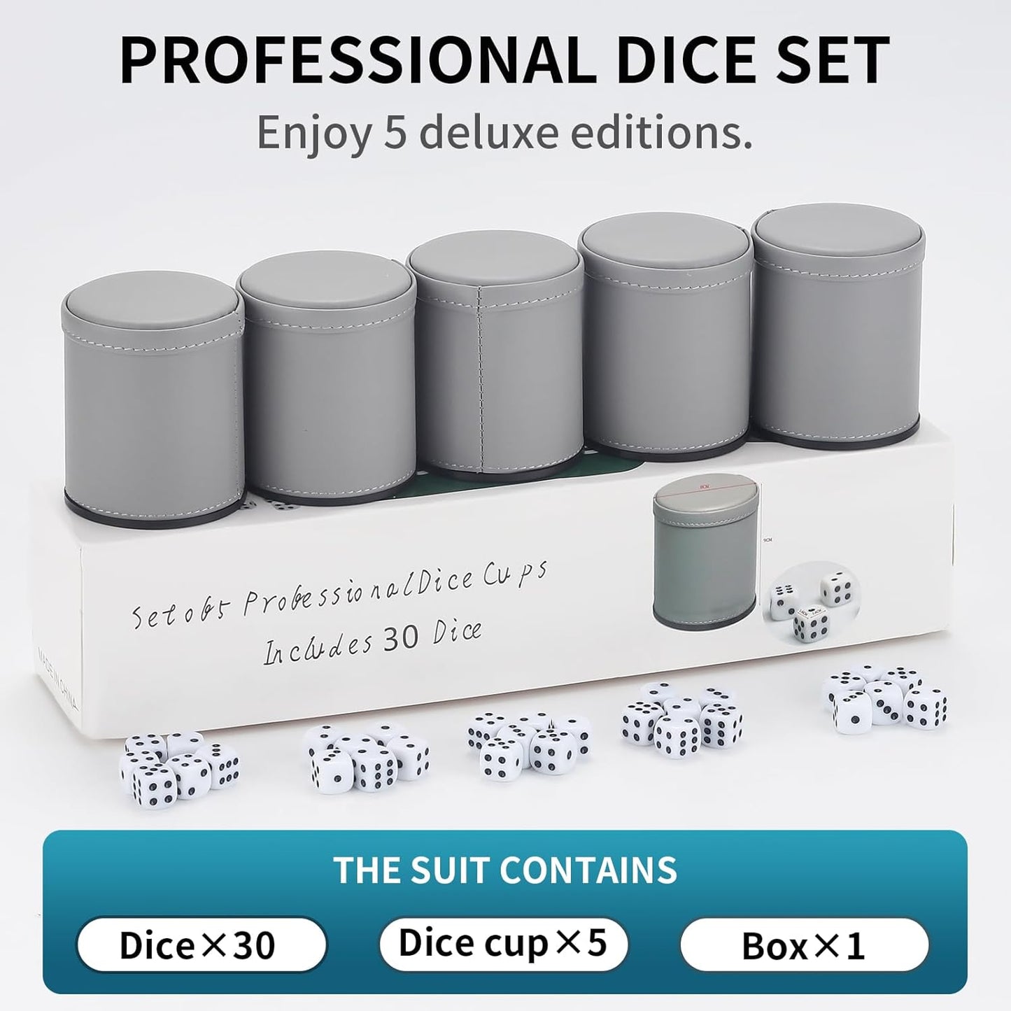 5 Pack PU Leather Dice Cups Velvet Felt-Lined Shaker Cups with 30 Dot Dice for Bar Party Yahtzee Farkle Dice Games, Grey