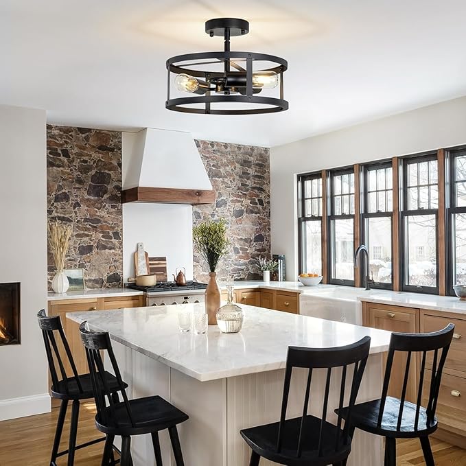 Farmhouse Semi Flush Mount Ceiling Lights, 2-Light Black Metal Cage Rustic Chandelier, Industrial Pendant Lighting for Hallway, Bedroom, Kitchen, Foyer, Living Room, Dining Room, Entryway