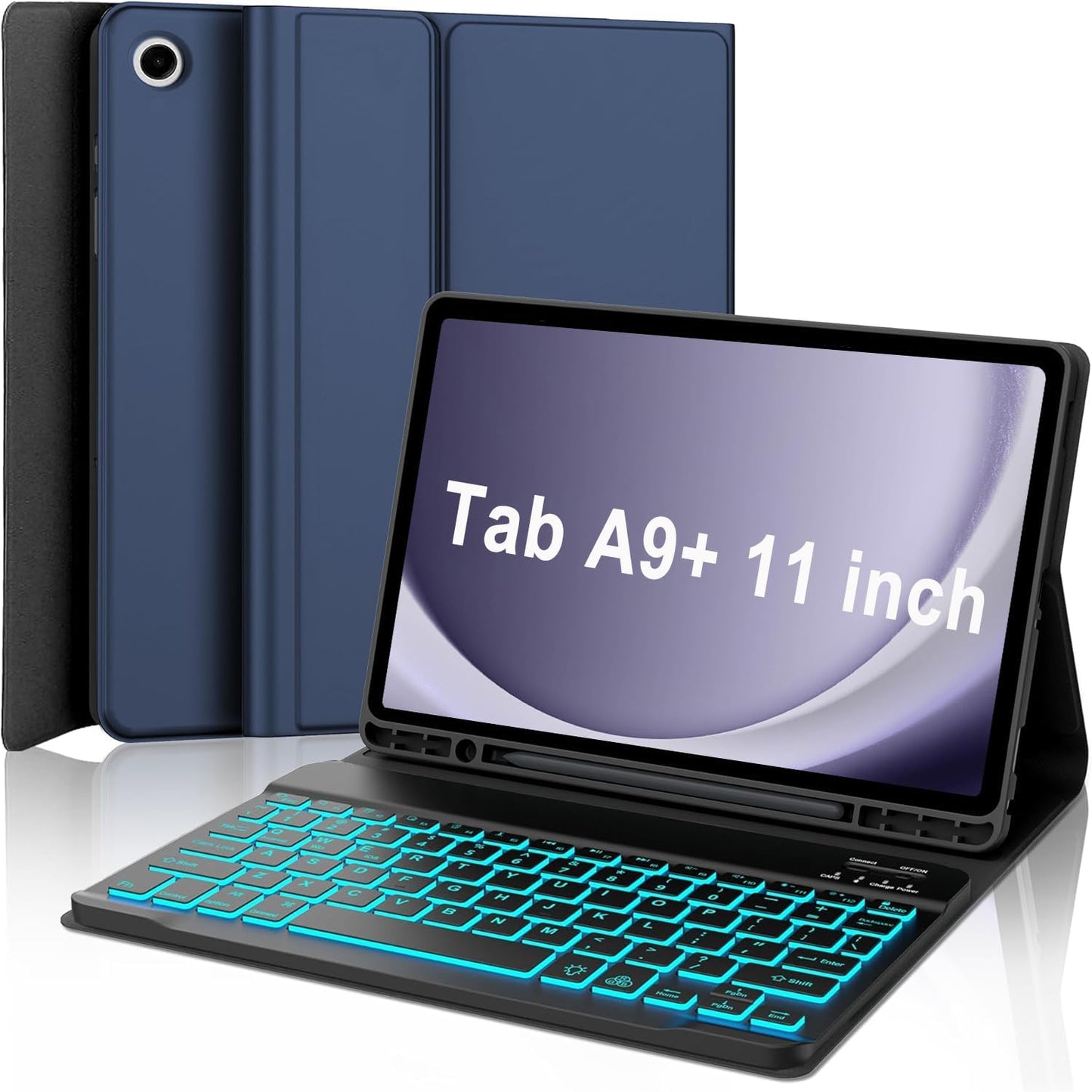 Keyboard Case for Samsung Galaxy Tab A9 Plus 5G 11 inch 2023 (SM-X210/X216/X218), 7 Color Backlit Detachable Keyboard Bluetooth, Smart Folio Cover with S Pen Holder for Galaxy Tab A9+ 11"（Dark Blue