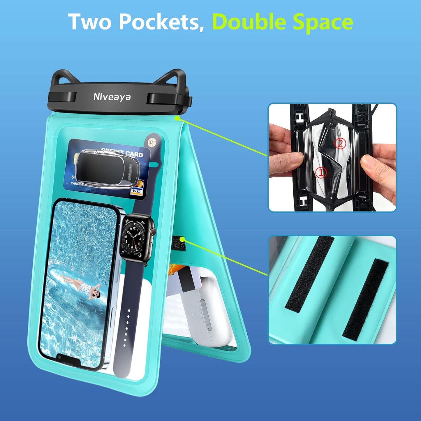 Niveaya [Up to 10.5"]Waterproof Phone Pouch - 2 Pack, Waterproof Phone Lanyard Case with iPhone 16/15/14/13/12 Pro Max up to 9.5", Phone Dry Bags for Vacation Beach Pool Kayak Cruise Travel Essentials