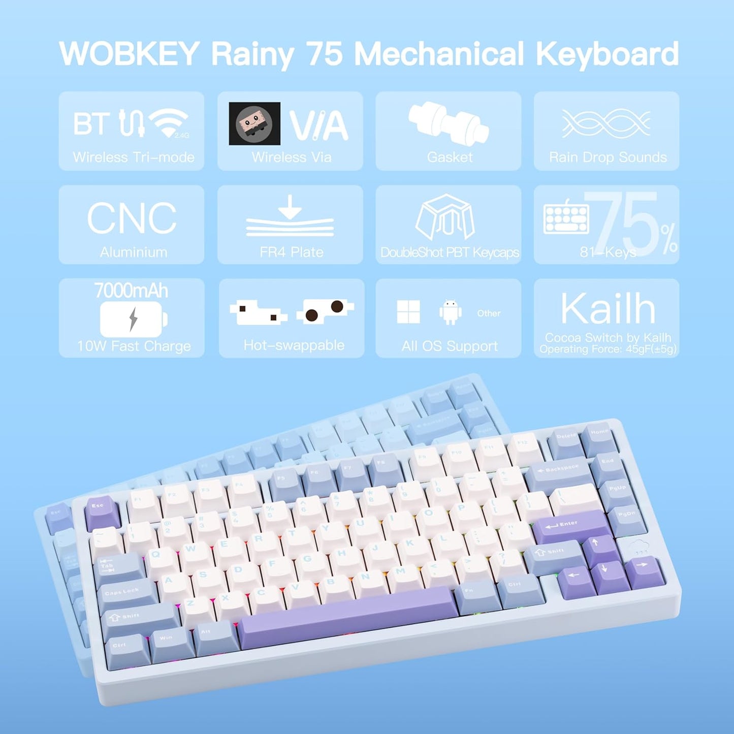 KEEBMONKEY WOBKEY Rainy 75 CNC Aluminum HMX/JWK/Cocoa Switches Triple-Mode Connectivity Mechanical Keyboard with Superior Acoustics, RGB/FR4/Silver SUS304/7000mAh/Cocoa Switch (Pro - Blue)