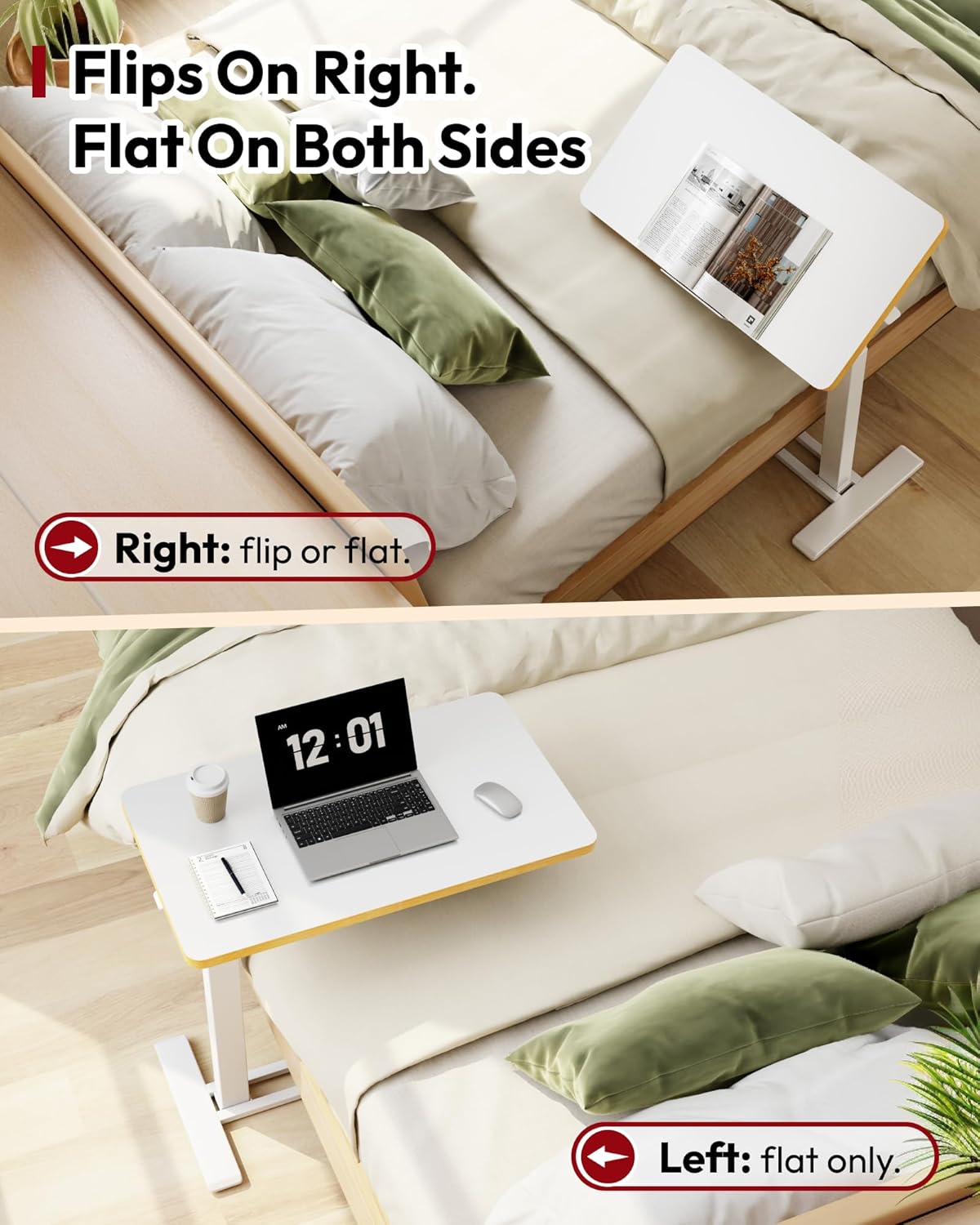 SANODESK Medical Adjustable Overbed Bedside Table with Casters 90° Tilt Top Pneumatic Mobile Rolling Laptop Computer Standing Desk Cart with Tray, Hospital and Home Use(27.6" W x 15.7" D, White)
