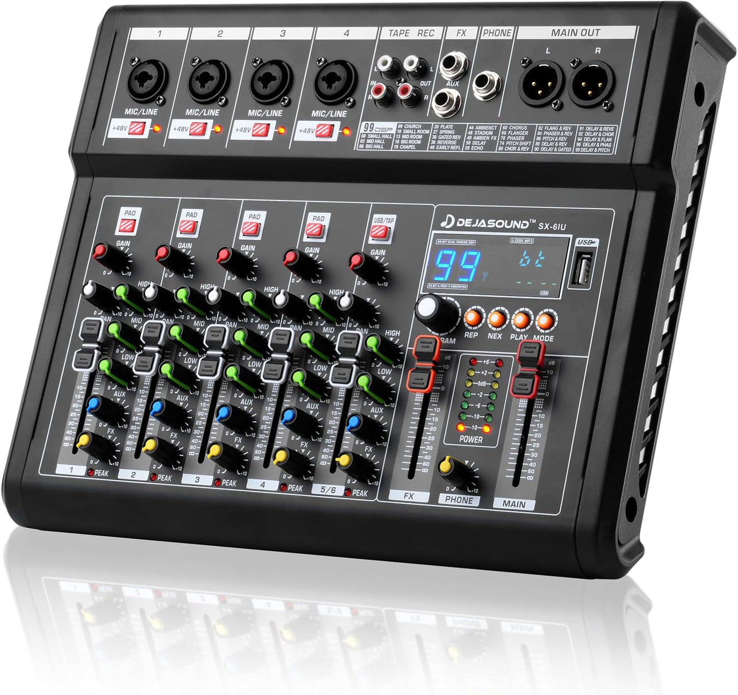 6-Channel Audio Mixer for PC, SX-6iu Mixing Console with XLR Inputs, Bluetooth, 99 Digital Signal Processor Effects, USB Interface, MP3 Compatible for Podcast, Music, Recording 9.84"x2.17"x12.6"inches