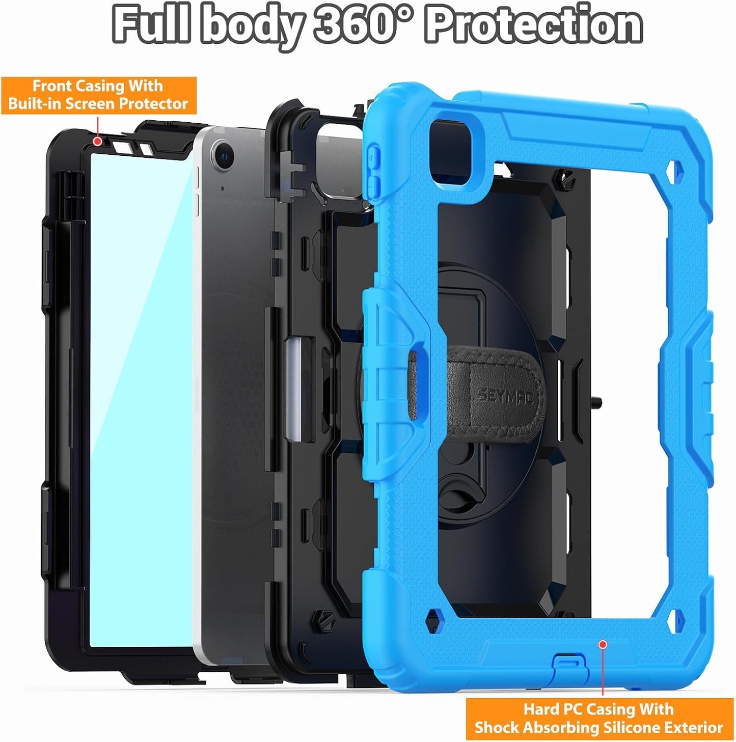 SEYMAC for iPad Air 5th/ 4th Generation Case 10.9", Full-Body Shockproof Protective Case with Screen Protector, Rotating Stand/Handle/Shoulder Strap/Pencil Holder for iPad Air 5/ Air 4, Sky Blue
