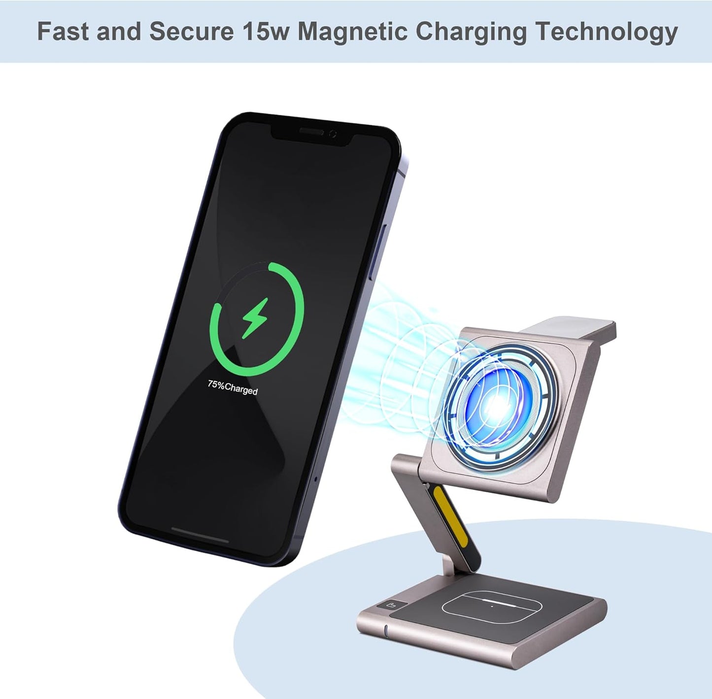 Fast Wireless Charging Station, Foldable for Travel w/Light, Modern All Aluminum Alloy Body, 4 in 1 Charger Compatible with MagSafe for Apple iPhone 16/15/14/13/12, AirPods and Apple Watch [Silver]
