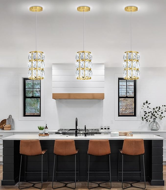 3 Pack Modern Crystal Pendant Lights for Kitchen Island LED Dimmable Glam Pendant Lighting Chandelier for Dining Room Hallway Corner Lamp Black