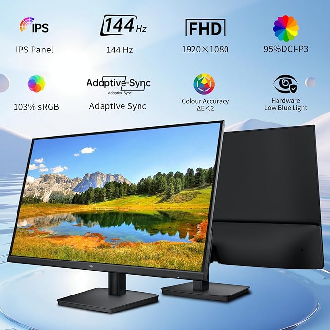 KTC 23.8 Inch Gaming Monitor, FHD@144Hz 120Hz Monitor with IPS Panel, Hardware Anti-Blue Light, 95% DCI-P3, 99% sRGB, ΔE＜2, 300 cd/㎡, 1500:1, Flicker Free and Adaptive Sync for Working and Gaming
