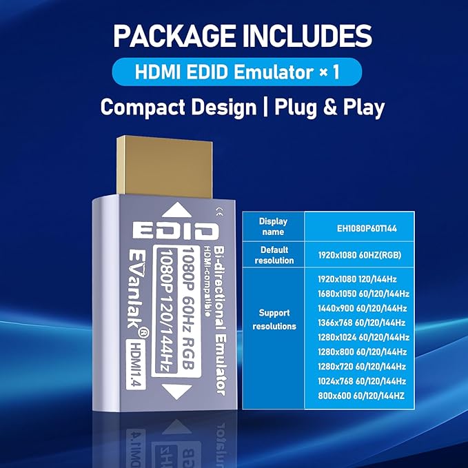 EVanlak Hdmi Passthrough Edid Emulator Adapter Dummy Plug Virtual Monitor Headless Ghost Display Adapter-1920X1080@59hz to 144Hz-1pack