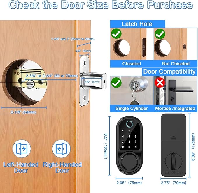 Smart Fingerprint Door Lock, Keyless Entry Door Lock with App Control, Digital Electronic Touchscreen Keypad Deadbolt, Biometric Smart Locks for Front Door