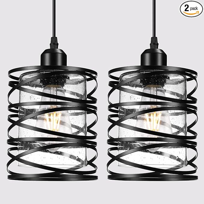Pendant Lights Kitchen Island, Modern Black Farmhouse Hanging Light with Bubble Seeded Glass, 2 Pack Pendant Lighting with Adjustable Height for Dining Room, Bedroom, Living Room, Hallway