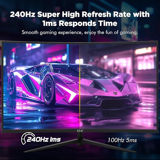 ZZA 32 Inch Curved Gaming Monitor, 240Hz High Refresh Rate, FHD 1920x1080P, Curved 1500R, HDMI 2.0/DP1.4, 1ms MPRT, HDR, FreeSync, VESA Compatible, Tilt Adjustable
