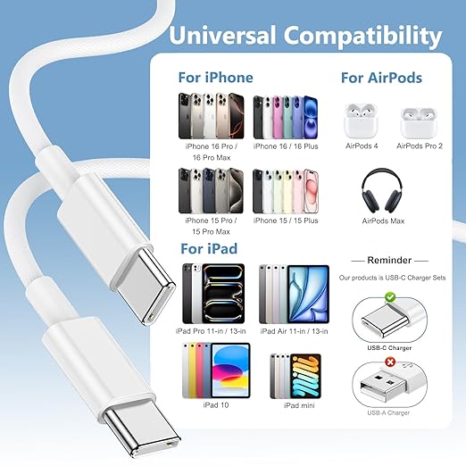 iPhone 16 15 Charger Fast Charging,2Pack 10FT Extra Long USB C to C Fast Charging Cord Woven Cable 20W USB C Charger Block for iPhone 16 Pro Max/16 Plus/iPhone 15/15 Pro Max/iPad Pro/Air/Mini/AirPods