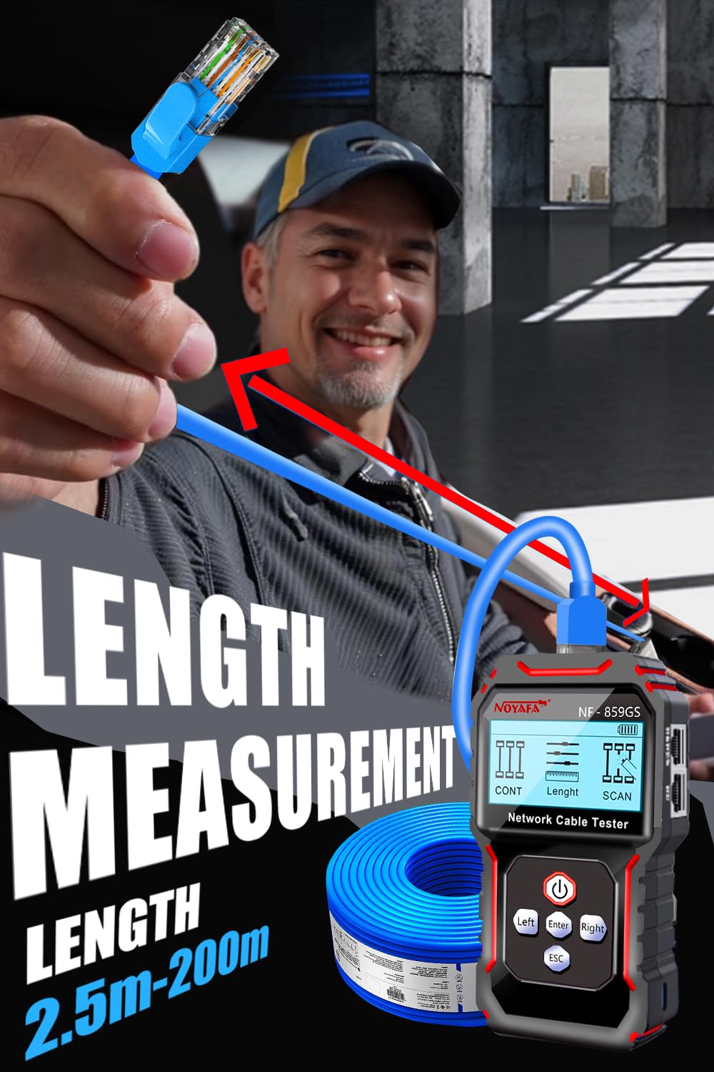 NF-8209S Network Cable Tester, RJ45 Ethernet Tester for POE/Cat5/Cat7/Cat6a/Cat6/Cat5e, Wire Mapper, Length, Open/Short, Wire Fault Locator, Ethernet LAN Network Toner Tool
