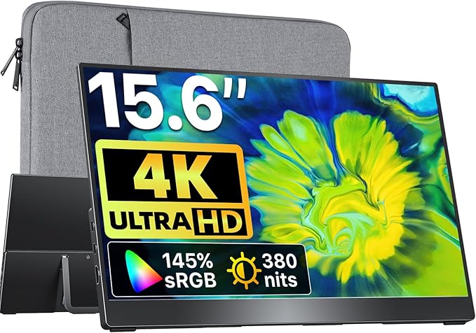 VisionOwl Portable Monitor 15.6 Inch 4K UHD 145% sRGB Second Screen, USB-C HDMI HDR FreeSync Travel Monitor for Laptop MacBook PC PS5 Xbox, VESA Mountable, with Speakers, Adjustable Kickstand