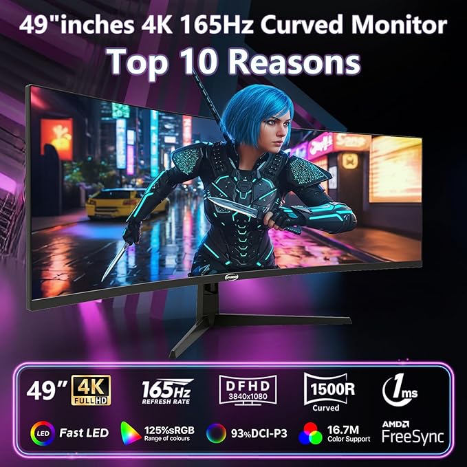 49 Inch Curved Ultrawide Gaming Monitor, 4k Monitor(3840x1080P), 165Hz, 1500R HDR10, 32:9, AMD FreeSync, 125% sRGB, HDMI/DP VESA100*100mm