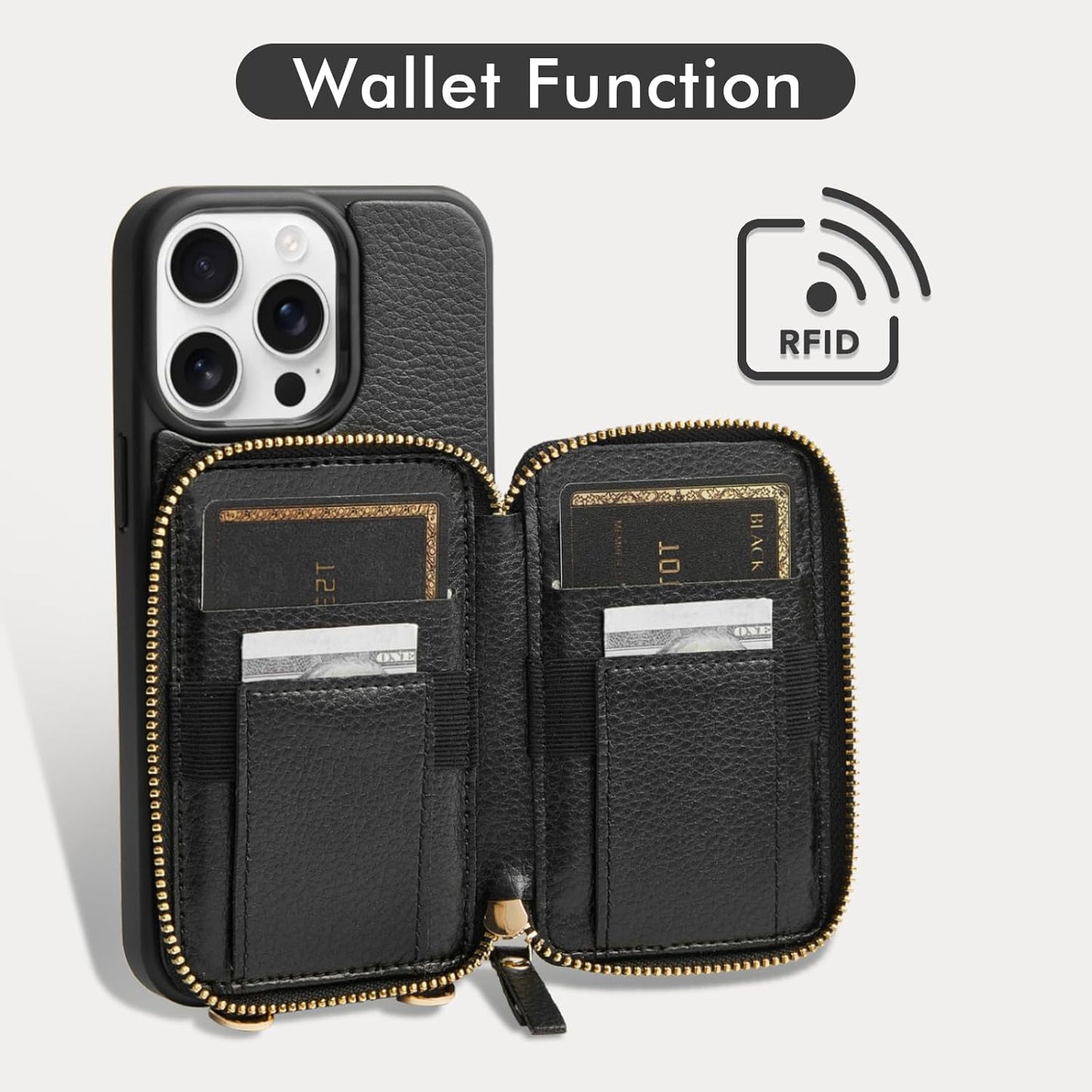 ZVE for iPhone 15 Pro Wallet Case, Crossbody Phone Purse with Card Holder for Women, Zipper Leather RFID Blocking Carrying Cover with Wrist Strap for iPhone 15 Pro 6.1 inch- Black