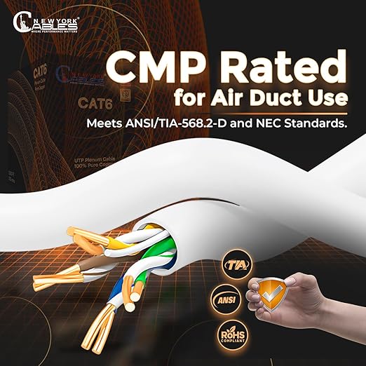 NewYork Cables | CAT6 Plenum Cable 1000ft UL/ETL Listed, 100% Pure Copper, UTP, 550MHz, 23AWG, 4Pair 10GB Ethernet Cable | Certified CMP-Rated Fire-Resistant (1000ft, Pure Copper UL Listed, White)