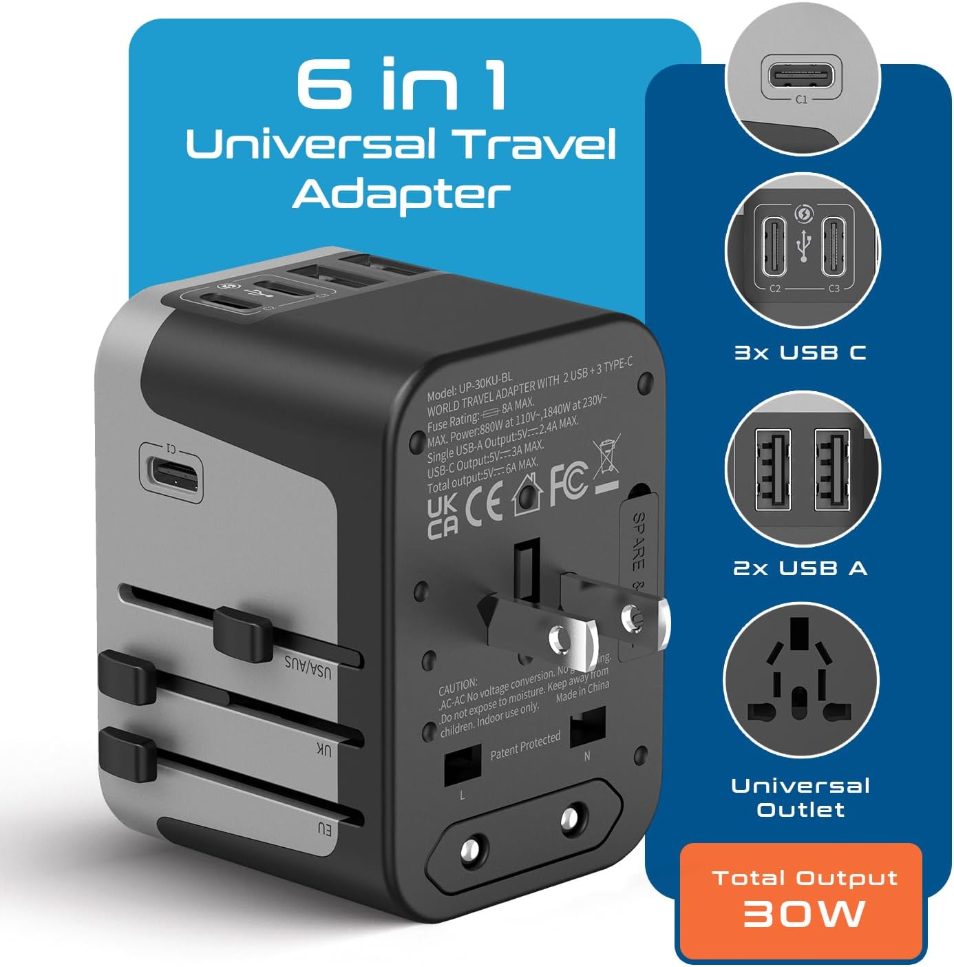 Universal Travel Power Adapter, Ceptics 6 in 1 Worldwide International Wall Charger with 2X USB-A - 3X USB-C 6A, Travel Power Adapter for for USA EU UK AUS Mobiles Laptops Cameras, UP-30KU-BL
