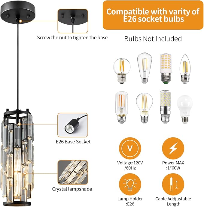 LMQNINE Modern Crystal Pendant Light for Kitchen Island, Adjustable Black Mini Pendant Lighting Fixture with K9 Crystal, E27 Base, Modern Hanging Light for Bedroom Dining Room Bar, 1-Pack