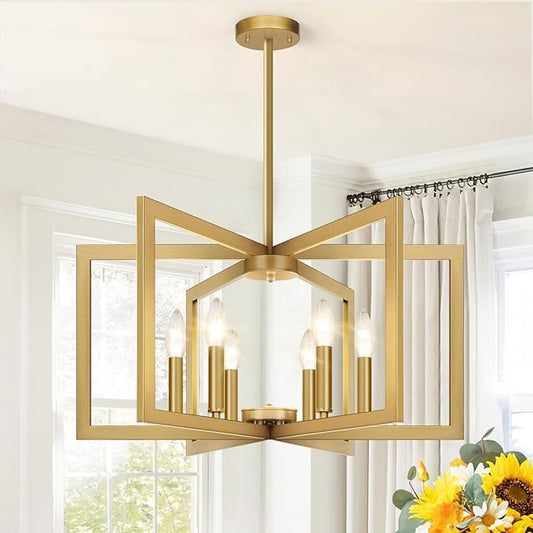 25" Modern Gold Chandelier for Dining Room, No Assembly Required Gold Dining Room Light Fixture Over Table, Industrial Metal Hanging Pendant Lights Fixture for Kitchen Island, Entryway, Foyer