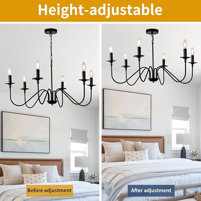 Black Farmhouse Chandeliers, 6 Light S-Arm Modern Candle Hanging Pendant Light, Industrial Rustic Metal Ceiling Kitchen Island Light for Living Room, Entryway, Foyer, Bedroom, Dining Room