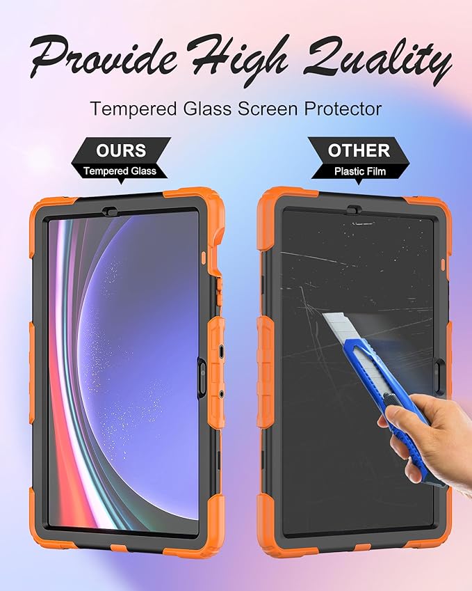 Case for Samsung Galaxy Tab S10 Plus/ S9 FE Plus/ S9 Plus 5G Tablet 12.4'', Shockproof Protective Cover with [Tempered Glass Screen Protector], Stand, Shoulder Strap & S Pen Holder (Orange)