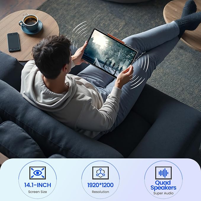 14 inch Large Screen Tablet, Android Tablet 16GB RAM 256GB ROM, 1920 * 1200 IPS FHD Display, Widevine L1, 10000mAh 18W Charging, Wi-Fi & Bluetooth, 4G LTE, with Stand Case & Stylus