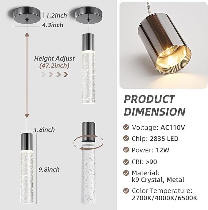 Pendant Lights Kitchen Island, 2700-6000K Modern Kitchen Island Lights,Black Dimmable Hanging Light Fixtures with Crystal Bubble, 12W LED Hanging Light for Dining Room, (1Pack)