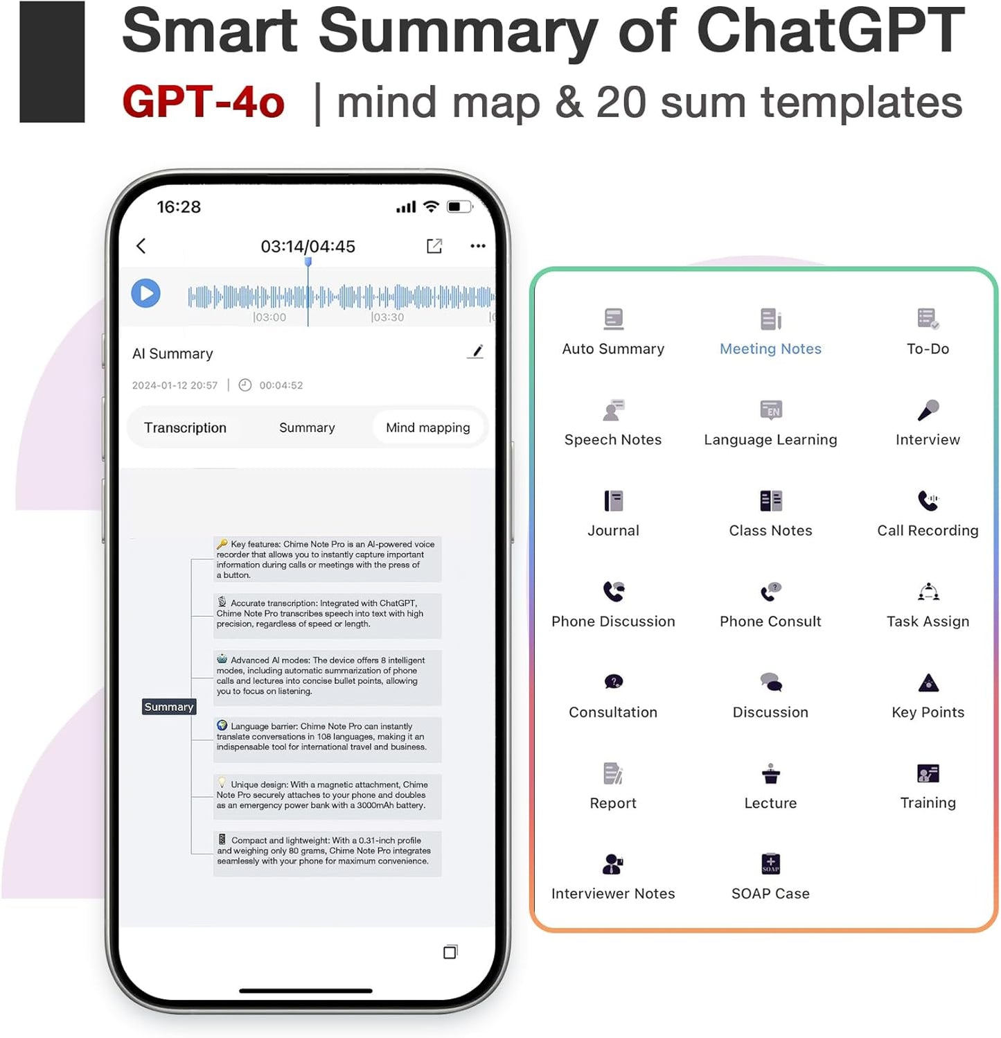 AI Voice Recorder Call Chatgpt, Digital Voice Recorder Support Free Audio Transcription and Text Summary,APP and Web Sync,107 Languages, 60H Recording, Applicable to Lecture, Meeting, Interview, etc