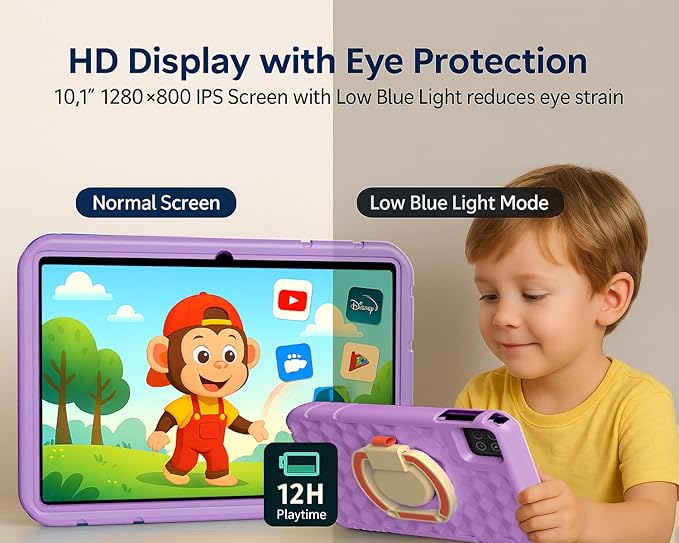 10.1 inch Kids Tablet, Android 15, 20GB RAM 128GB Storage, WiFi 6, HD Display, Parental Control, GPS, 12-Hour Battery, Tablet with EVA Protective Case-Purple