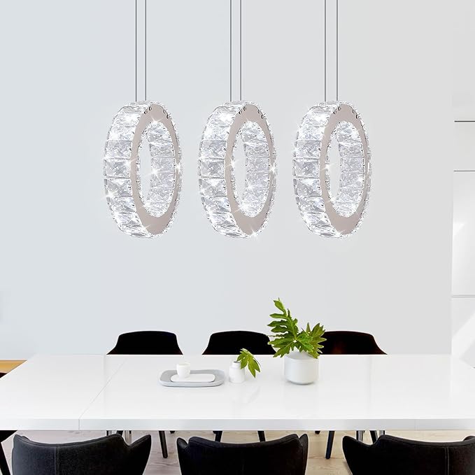 Buccleuch 3-Ring Crystal Chandelier, 9.84" Ring Diameter Dimmable LED Pendant Light, UL-Certified Stainless Steel K9 Crystal Ceiling Light for Dining Room, Living Room, Bedroom, 6500K 4400lm
