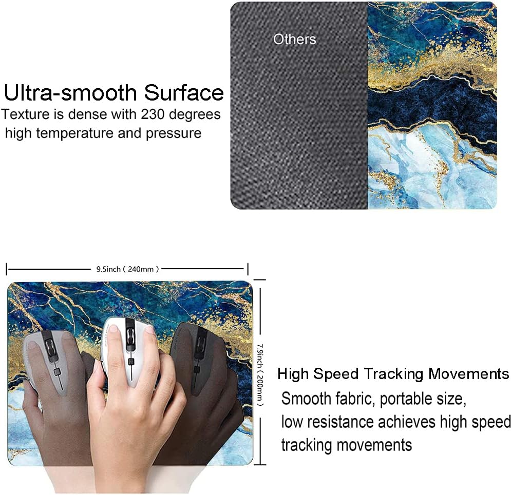 Mouse Pad, Marble Mouse Pad, Premium-Textured Mouse Mat Square Waterproof Non-Slip Rubber Base Computer Mousepad for Office Laptop Desk, Blue Gold Cracked Marbling