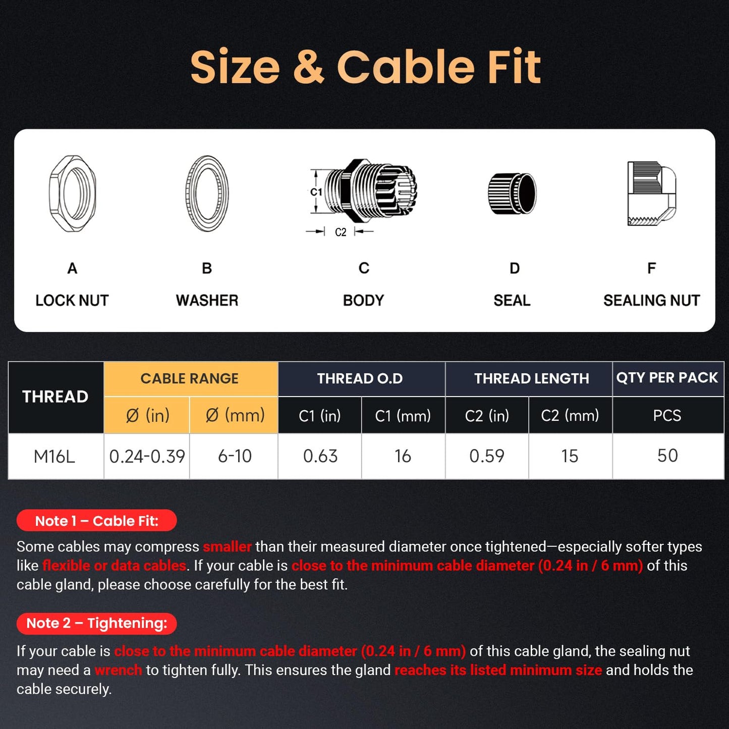 QILIPSU 50pcs M16L Long Thread Cable Gland Waterproof IP68 Nylon Strain Relief Cord Grip Cable Pass Through Wire Connector