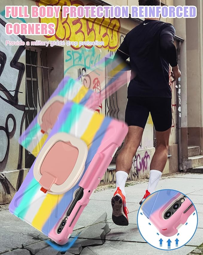 BRAECN Case for 12.4 Inch Samsung Tablet S9 FE+ Plus/ S9+ Plus/ S8+/ S7 FE/ S7+ SM-X610/810 2023, Rugged Silicone Case with S Pen Holder, Handle Grip, Kickstand,Shoulder Strap, Colorful Pink